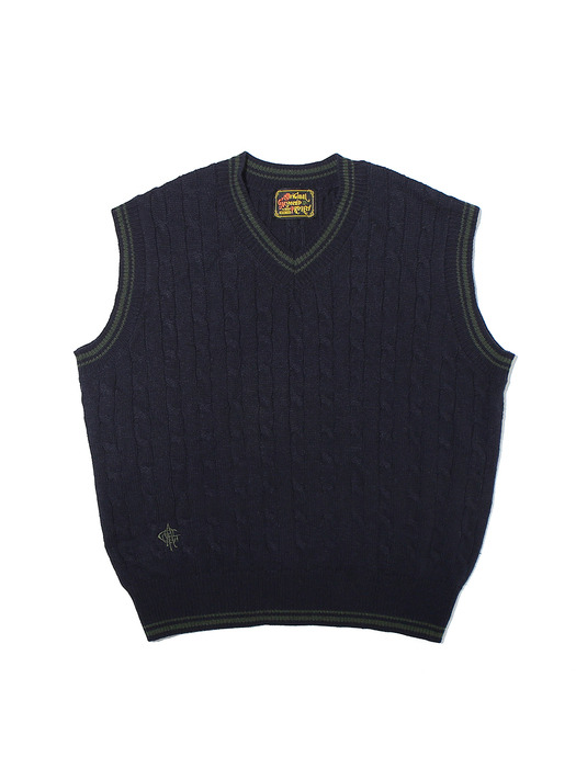 Wool Logo Cable Vest Navy