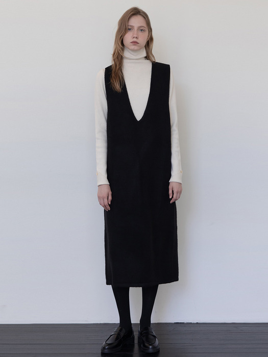 Sleeveless long knit dress _ Black