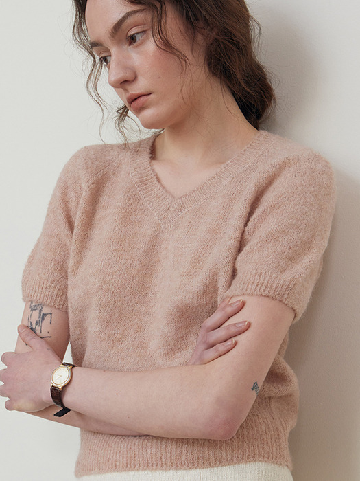 Alpaca V-neck half knit_PINK