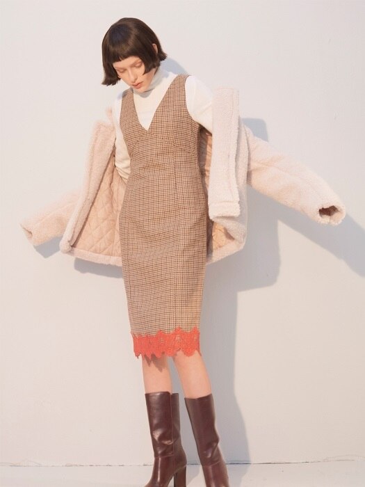 Lace Check Dress_Brown