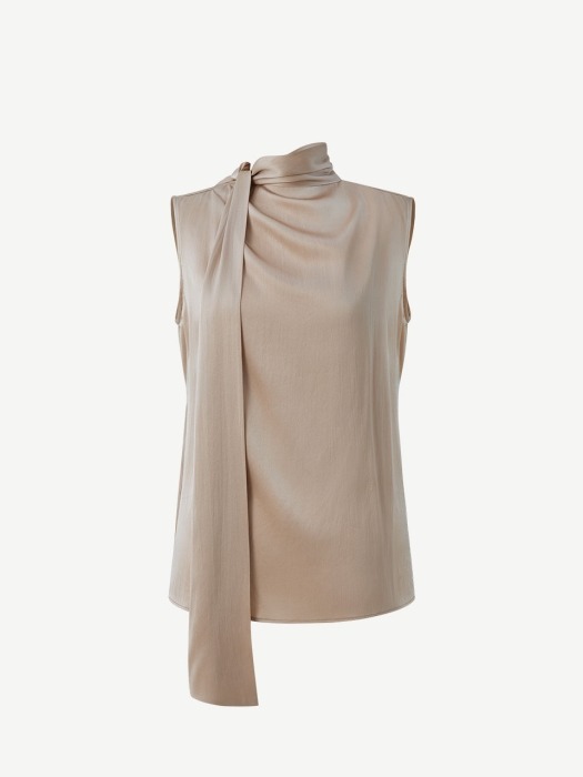 Scarfed sleeveless satin blouse