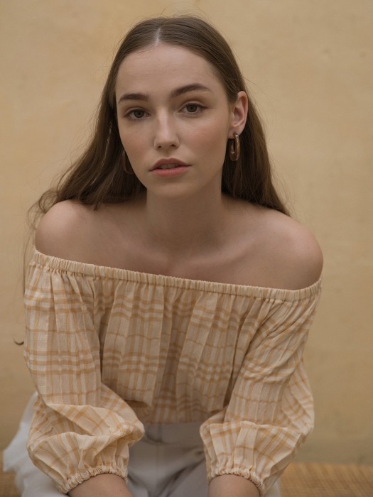 Off Shoulder Check Blouse Beige