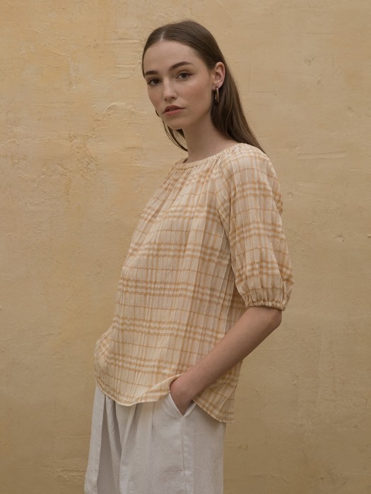 Off Shoulder Check Blouse Beige