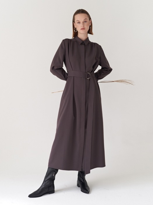 19FW BELTED SHIRRING DRESS D-BROWN