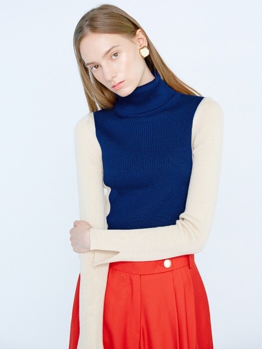 KORE Color Combinated Turtleneck Pullover_Navy&Ivory