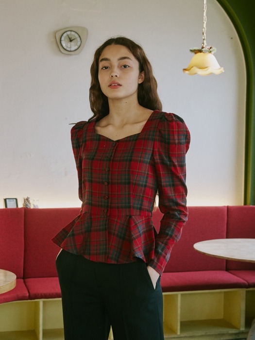 Alice Heart Neck Long Sleeve Blouse_Red Check