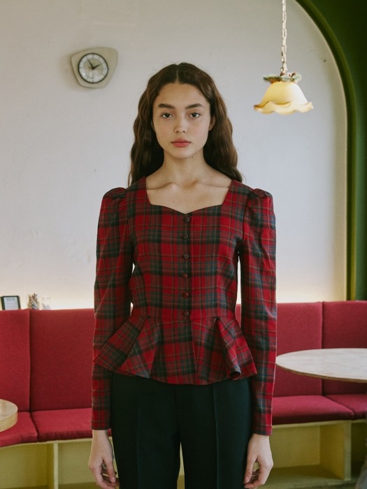 Alice Heart Neck Long Sleeve Blouse_Red Check