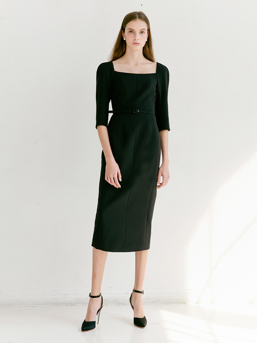 ODETTE Square neck Three-quarter Sleeve H-line midi dress (3color)