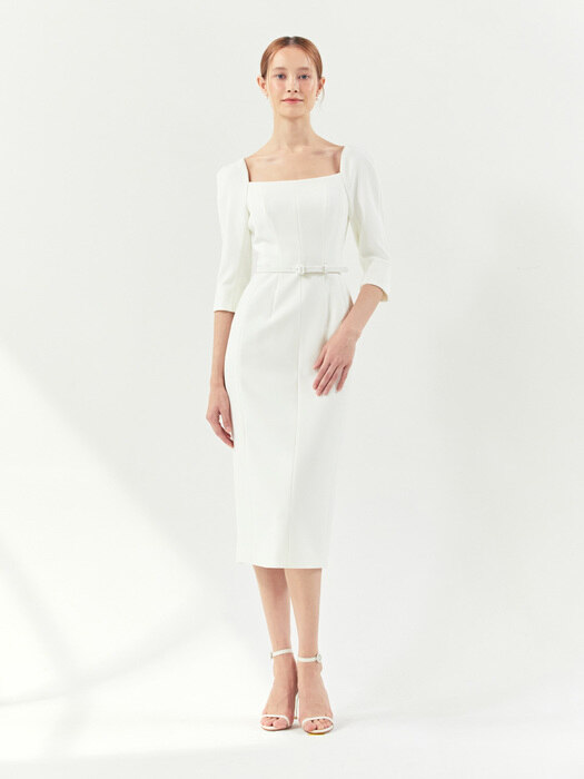 ODETTE Square neck Three-quarter Sleeve H-line midi dress (3color)