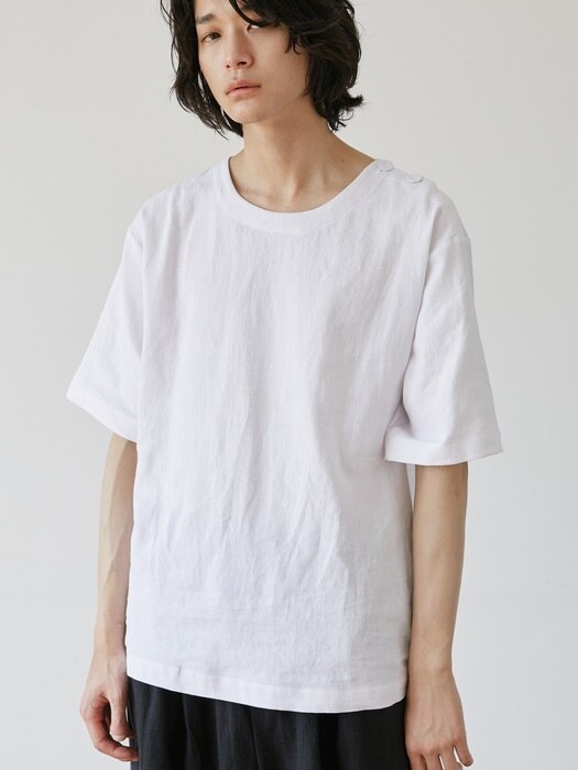 unisex linen button tee white