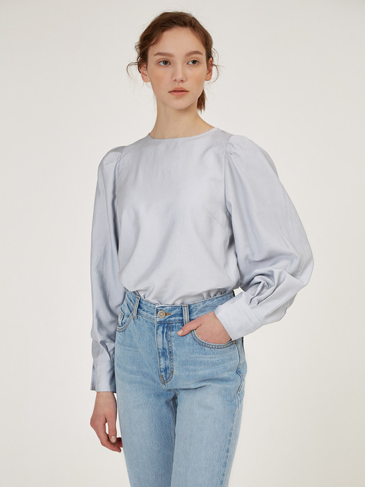 PUFF-SLEEVE BACK POINT BLOUSE [Light Gray] [Mint] [Ivory] [Lavender]