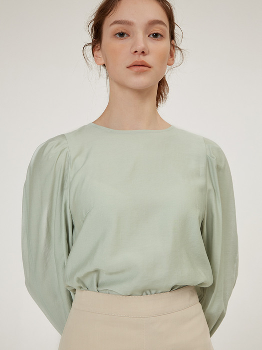 PUFF-SLEEVE BACK POINT BLOUSE [Light Gray] [Mint] [Ivory] [Lavender]