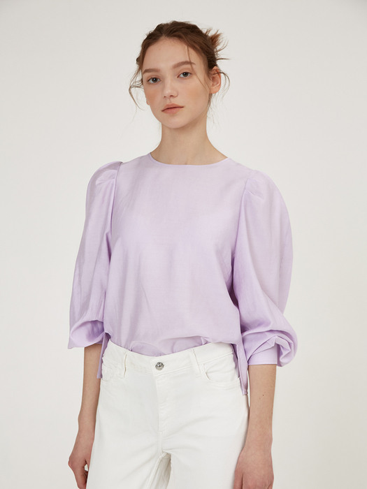 PUFF-SLEEVE BACK POINT BLOUSE [Light Gray] [Mint] [Ivory] [Lavender]