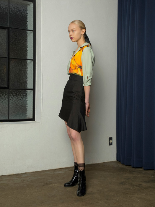 Asymmetric Detail Black Silk Pencil Skirt