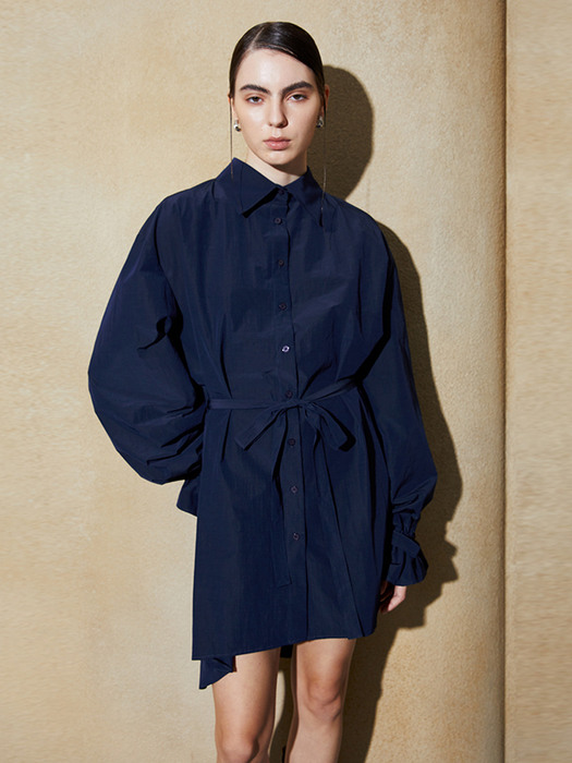 RUFFLE SLEEVE SHIRT DRESS_NAVY