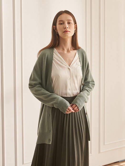 CASHMERE 100 MIDDLE LENGTH CARDIGAN GREEN ( C1KCD05 )