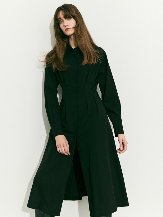 Long Sleeve Pin-tuck Shirt Dress - Black