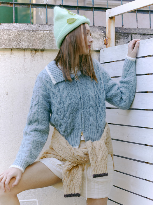 Cable Zip-Up Knit Cardigan, Light Blue