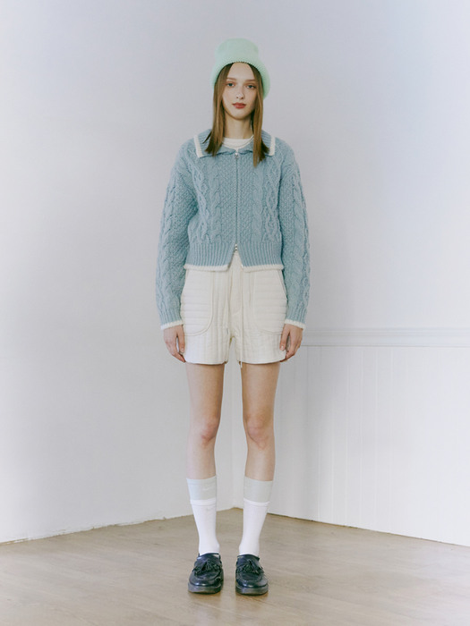 Cable Zip-Up Knit Cardigan, Light Blue