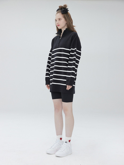 Stripe overfit zip up knit 004 Black