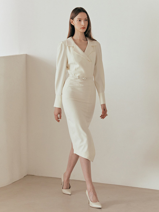 ELIZABETH Notched collar pencil dress (Cream ivory)