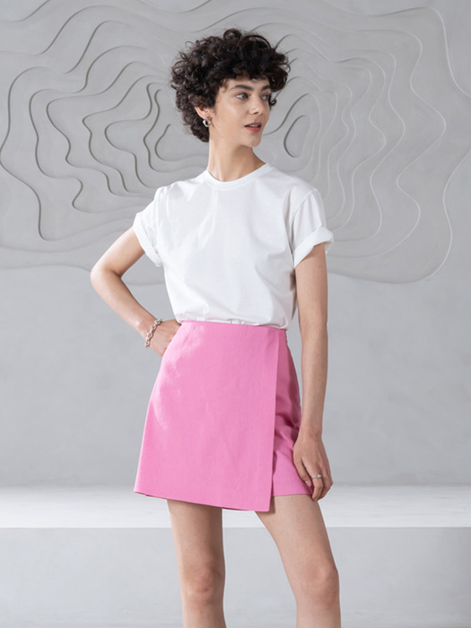 Linen wrap mini skirt [ beige , pink ]