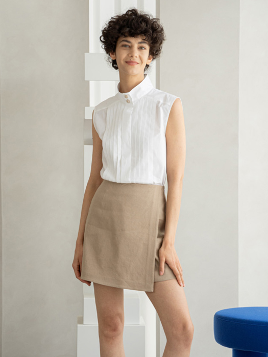 Linen wrap mini skirt [ beige , pink ]