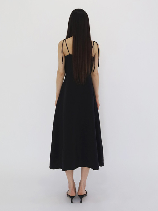 Seersucker Ribbon Strappy Dress Black