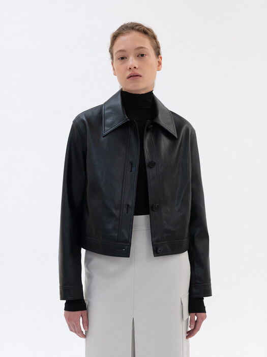 faux leather cropped jacket (black)