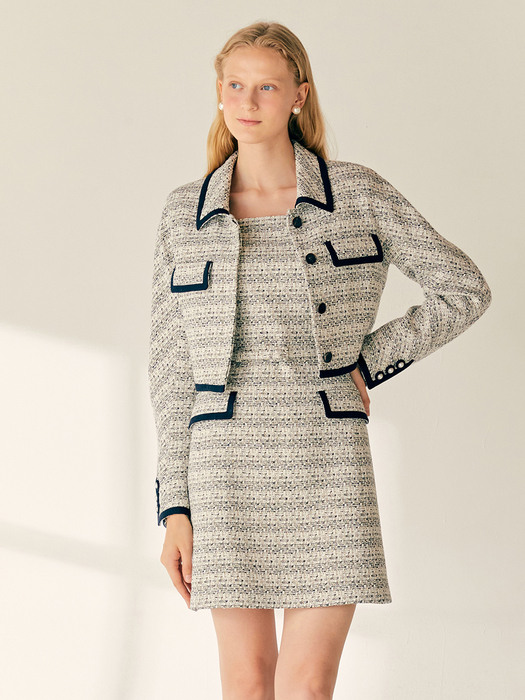 [SET]GRACELYN Raglan-sleeve cropped tweed jacket + ZURI Square neck sleeveless tweed dress (Beige&Navy)