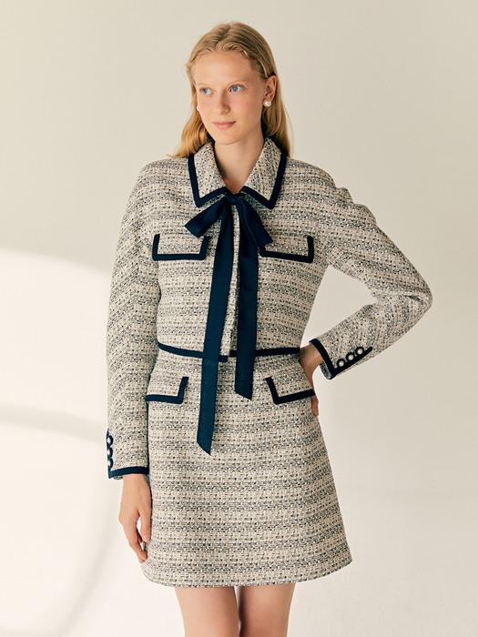 [SET]GRACELYN Raglan-sleeve cropped tweed jacket + ZURI Square neck sleeveless tweed dress (Beige&Navy)