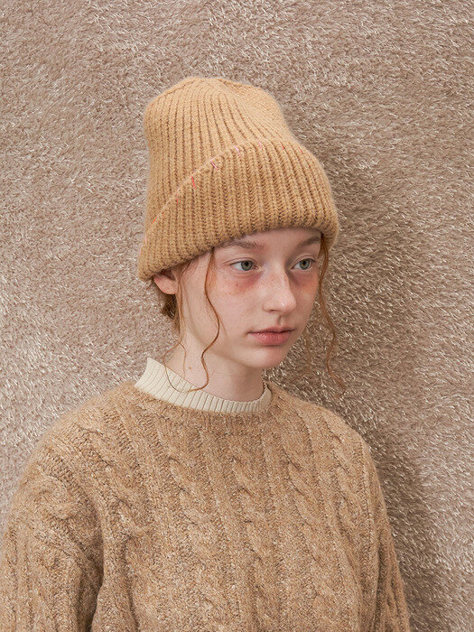 Hand Stiched Knit Beanie - Beige