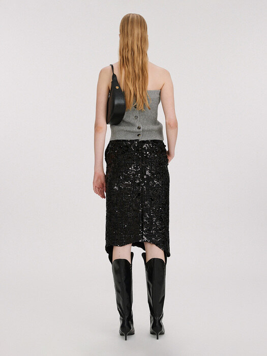 SEQUIN TWEED CURVED HEM LOW-RISE SKIRT (BLACK)