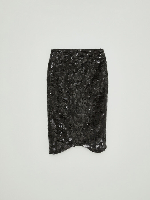 SEQUIN TWEED CURVED HEM LOW-RISE SKIRT (BLACK)