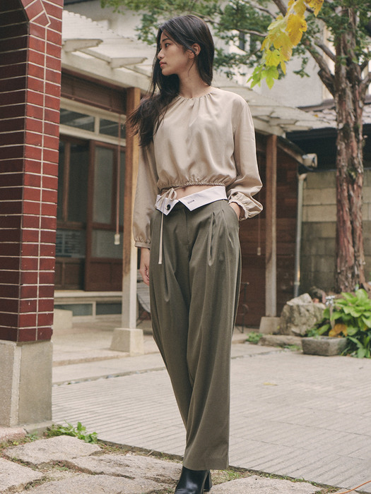 Waist Folding Wide Fit Slacks_khaki