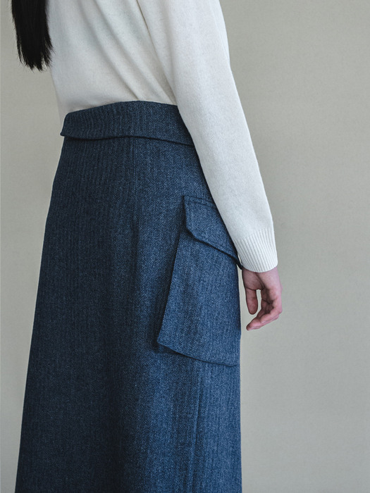 Unbal Pocket Blue Wool Skirt