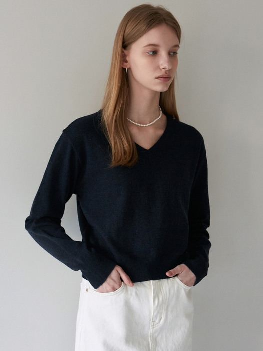 BASIC V-NECK SIMPLE KNIT_GRAY