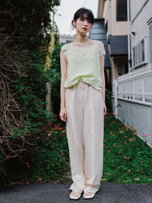 PALE BEIGE LINEN BLEND BANDING PANTS