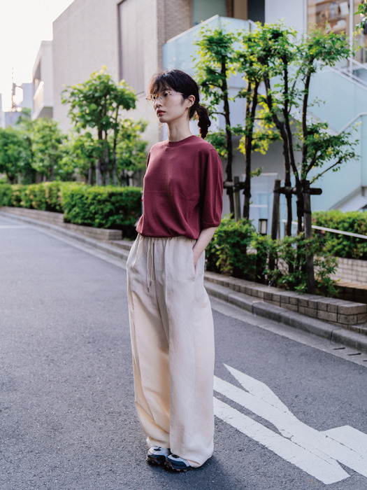 PALE BEIGE LINEN BLEND BANDING PANTS