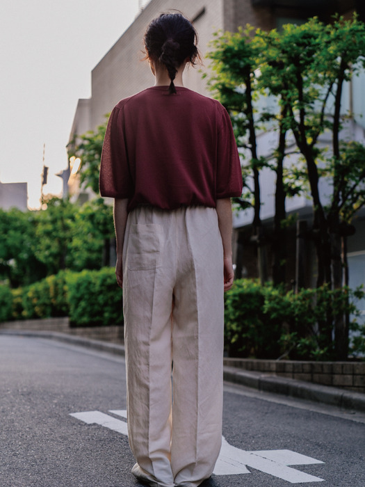 PALE BEIGE LINEN BLEND BANDING PANTS