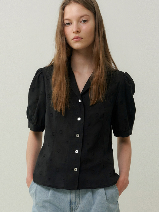 cotton dot puff blouse (black)
