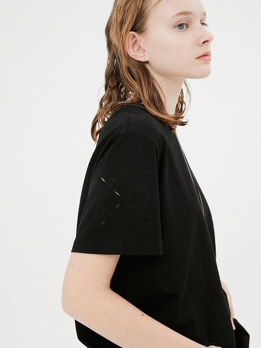 UNISEX, Argyle Hole Sleeve T-shirt / Black