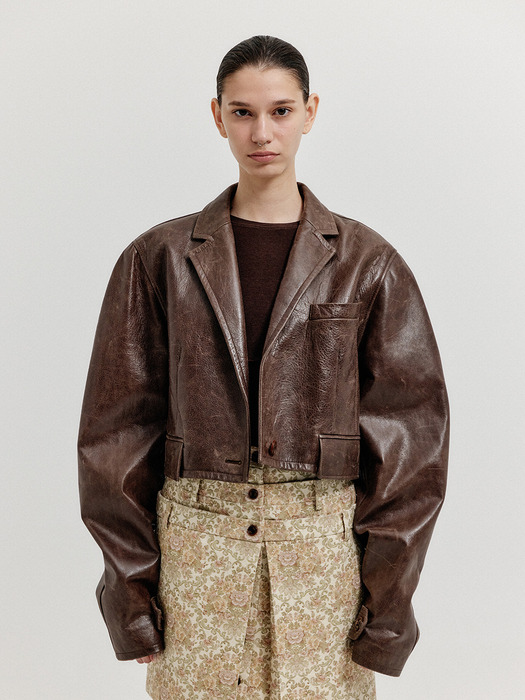 XICOLE Oversized Short Leather Jacket - Brown