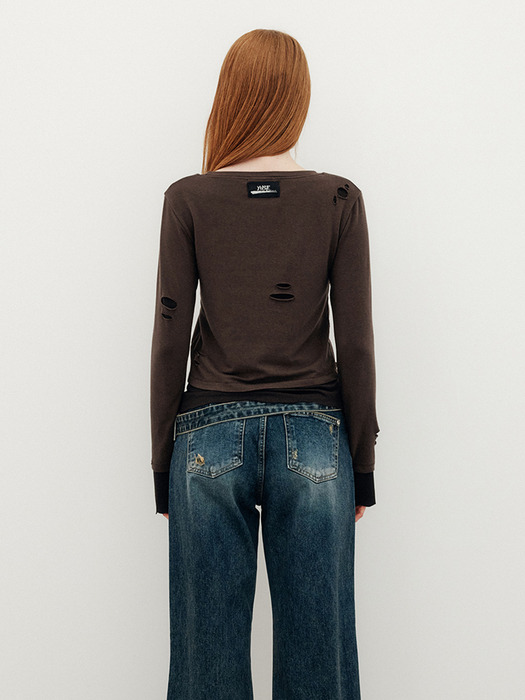 DESTROYED LAYERED LONG SLEEVE TOP - BROWN