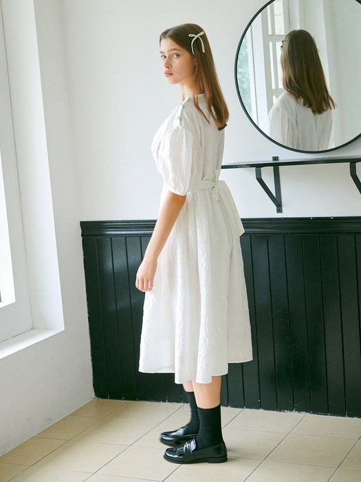 [EJnolee White Flame][주문제작]Floral Rounded White Midi Dress