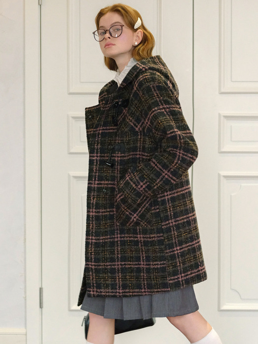 Cest_Horn button plaid hooded coat