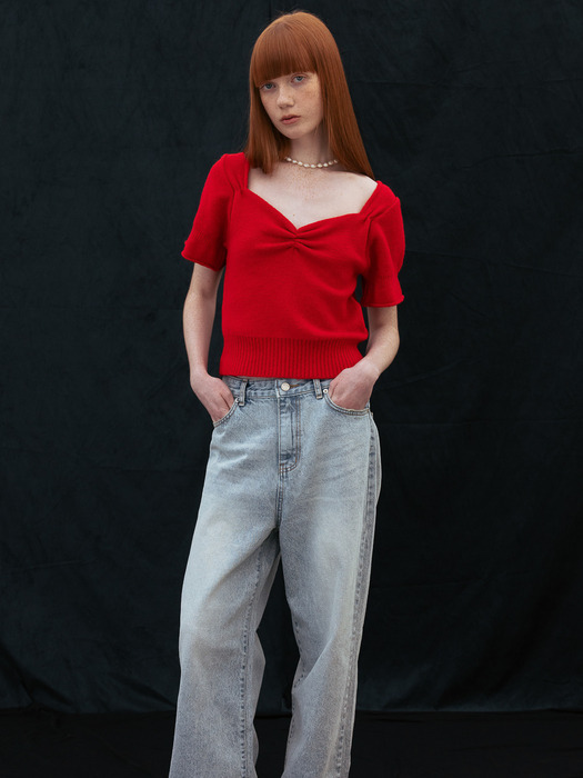 CO SHIRRING SQUARE NECK KNIT TOP_RED