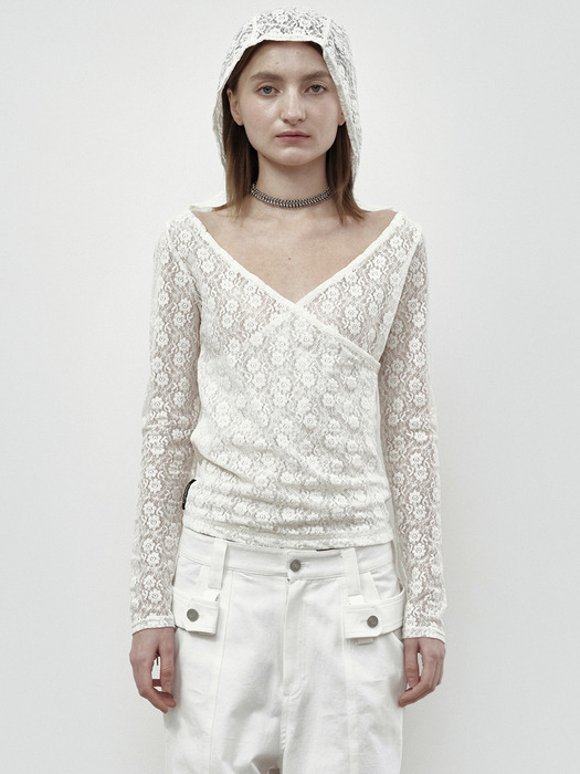 LACE SLIT WRAP HOOD TOP / IVORY