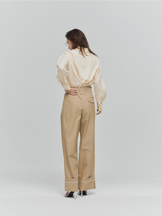 BELTED COTTON TURN-UP PANTS_BEIGE