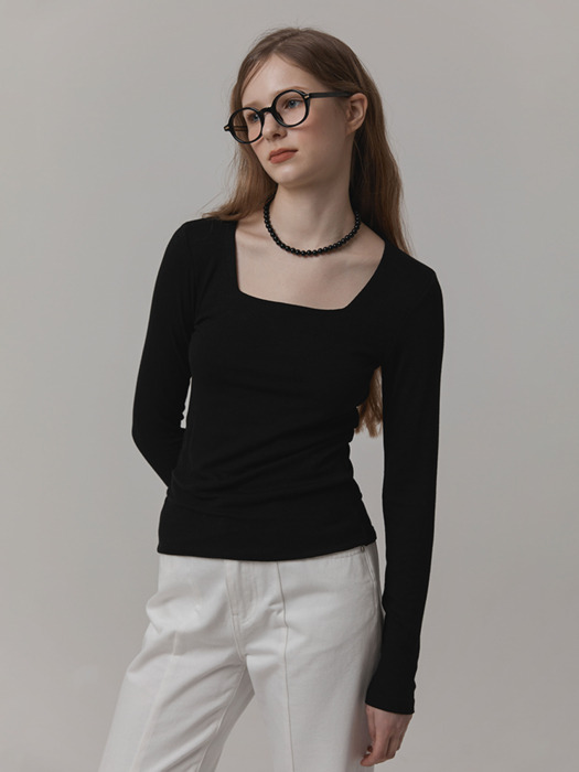 Squared long sleeve t shirt (Ivory, Beige, Black)